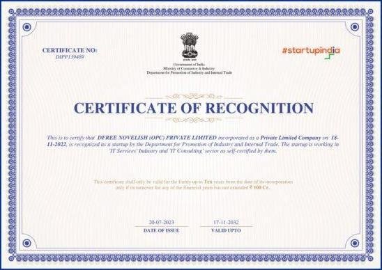 Startup India recognition certificate